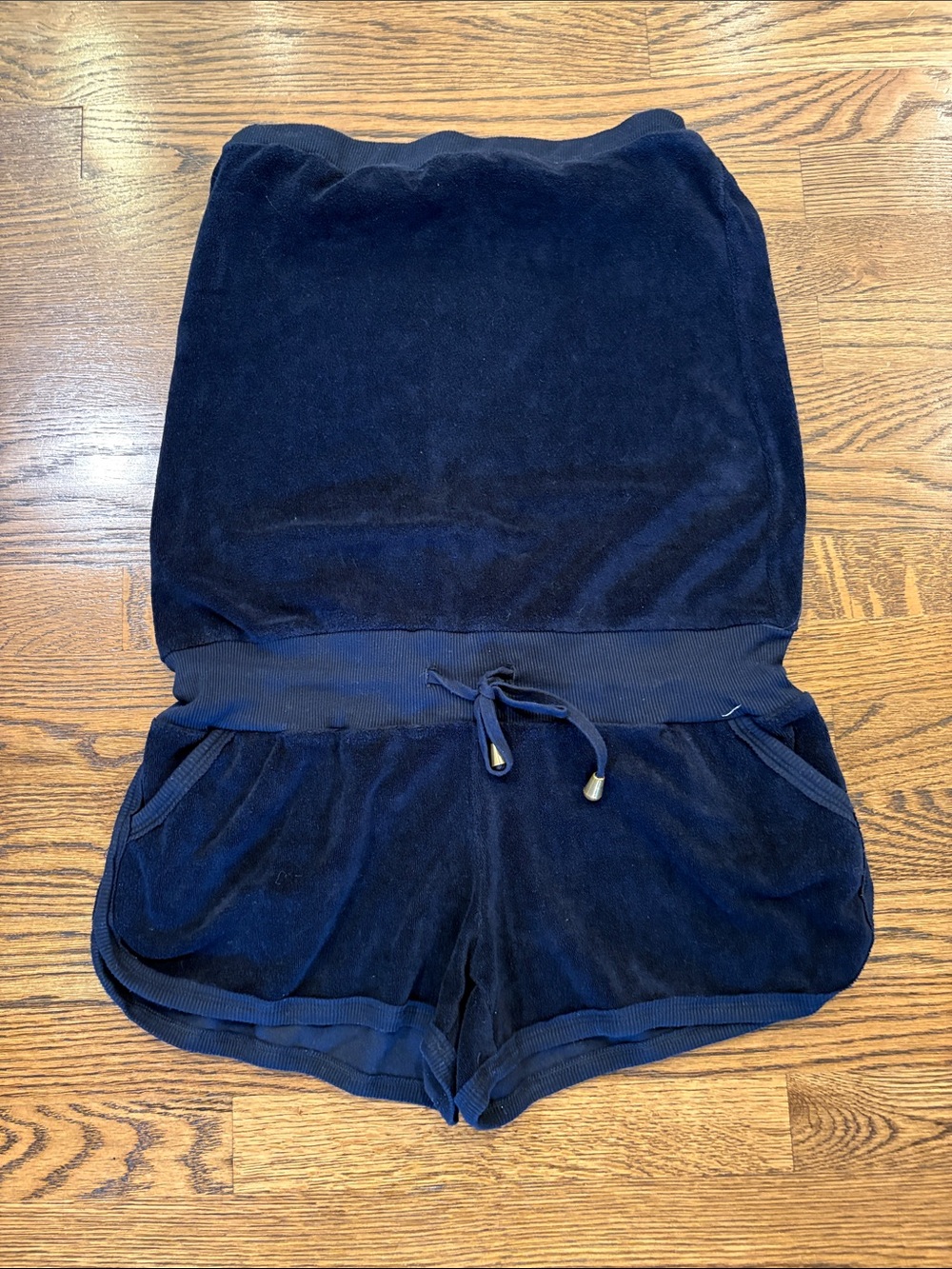 Elan Women’s Navy Velour Drawstring terry romper, strapless, m
